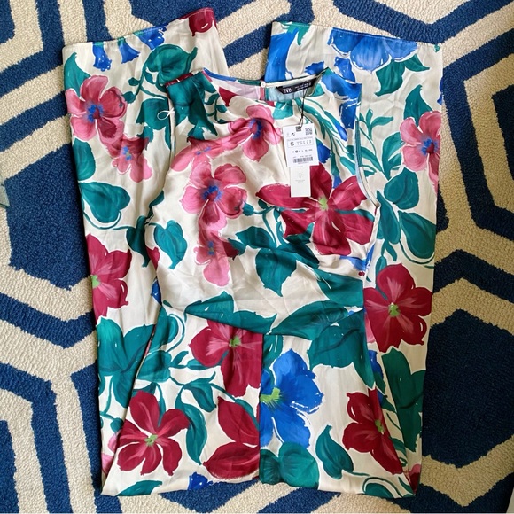 🌺 ZARA BOHO GREEN PINK MULTI SATIN WIDE LEG JUMPSUIT! - Picture 11 of 16